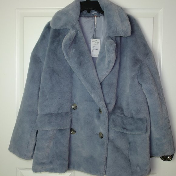 SOLD_____NEW Free People Kate Faux Fur Coat Slate Grey Med - Picture 2 of 7
